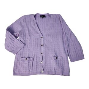 Jones New York Signature Cardigan Womens XL Purple Cable Knit Cotton 3/4 Sleeve